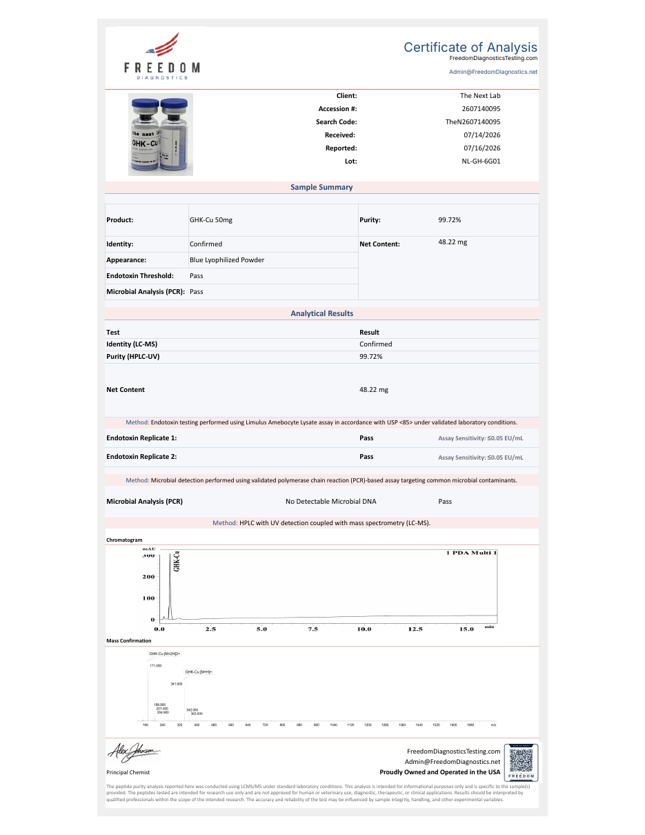 Certificate of analysis, GHK-Cu 50 mg, lot NL-GH-6G01, page one