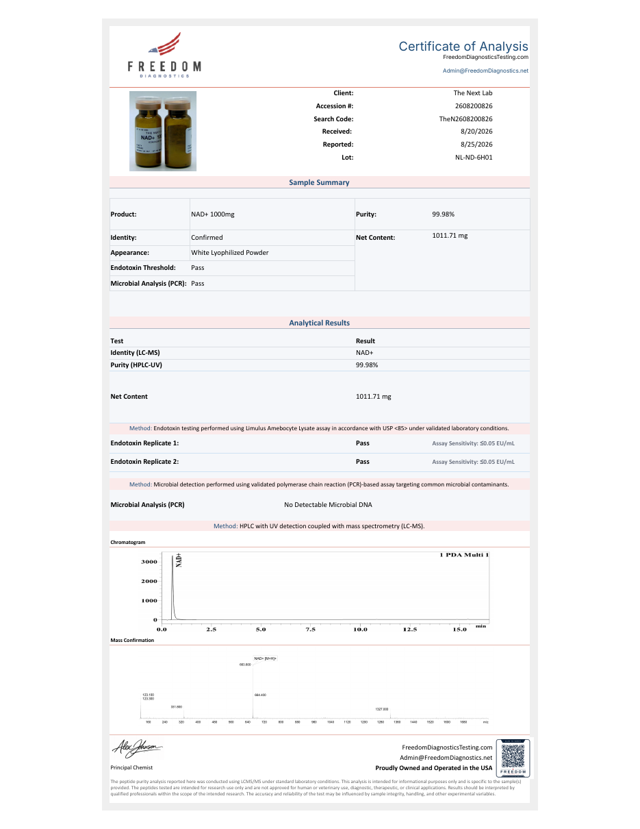 Certificate of analysis, NAD+ 1000 mg, lot NL-ND-6H01, page one