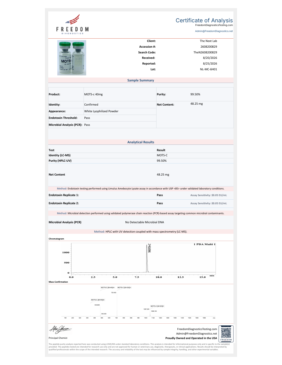 Certificate of analysis, MOTS-c 40 mg, lot NL-MC-6H01, page one