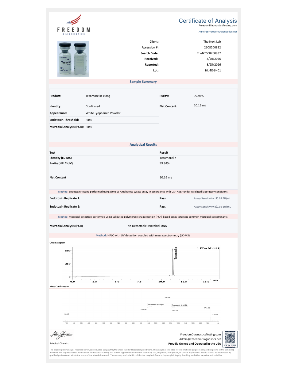 Certificate of analysis, Tesamorelin 10 mg, lot NL-TE-6H01, page one